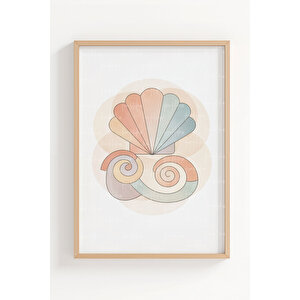 Pastel Deniz Kabuğu Motifleri 3’lü Ahşap Çerçeveli Tablo Seti - Salon Duvar Dekoru