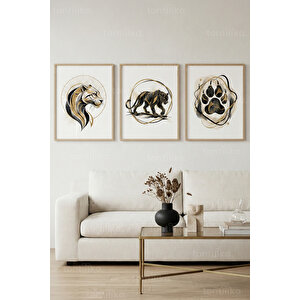 Altın Detaylı Güçlü Hayvan Sembolleri 3’lü Ahşap Çerçeveli Tablo Seti - Salon Duvar Dekoru 21x30 cm