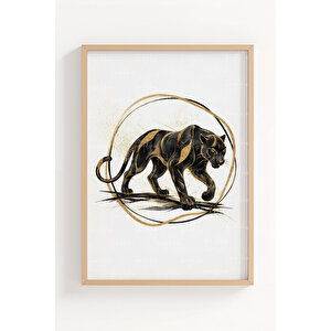 Altın Detaylı Güçlü Hayvan Sembolleri 3’lü Ahşap Çerçeveli Tablo Seti - Salon Duvar Dekoru 21x30 cm