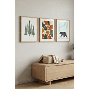 Doğa & Soyut Hayvan Temalı Minimal 3’lü Ahşap Çerçeveli Tablo Seti – Modern Duvar Dekoru 50x70 cm