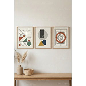 Geometrik Denge 3’lü Ahşap Çerçeveli Tablo Seti – Modern Soyut Duvar Dekoru 30x42 cm