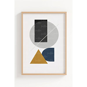 Geometrik Denge 3’lü Ahşap Çerçeveli Tablo Seti – Modern Soyut Duvar Dekoru 30x42 cm