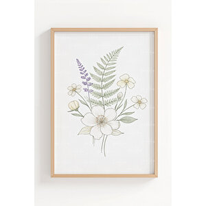 Minimal Botanik Çiçek Ve Yapraklar 3’lü Ahşap Çerçeveli Tablo Seti - Salon Duvar Dekoru