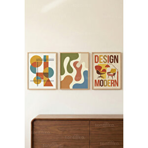Modern Geometrik Ve Retro Formlar Temalı 3’lü Ahşap Çerçeveli Tablo Seti 21x30 cm