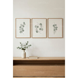 Soft Botanical Çizgiler 3’lü Ahşap Çerçeveli Tablo Seti – Minimal Doğa Duvar Dekoru 50x70 cm