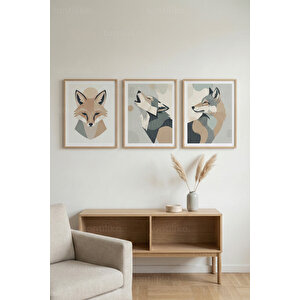 Geometrik Kurt Figürleri 3’lü Ahşap Çerçeveli Tablo Seti - İskandinav Duvar Dekoru 30x42 cm