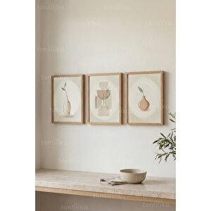 Soft Minimal Vazo 3’lü Ahşap Çerçeveli Tablo Seti - Doğal Modern Duvar Dekoru 30x42 cm