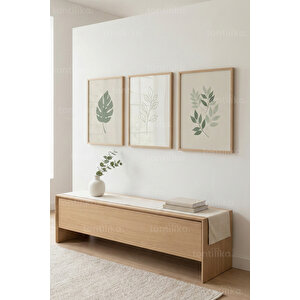 Minimal Botanik Yapraklar 3’lü Ahşap Çerçeveli Tablo Seti - Salon Duvar Dekoru 30x42 cm