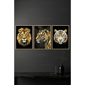 Altın Detaylı Vahşi Hayvanlar 3’lü Ahşap Çerçeveli Tablo Seti - Cesur Modern Duvar Dekoru 21x30 cm