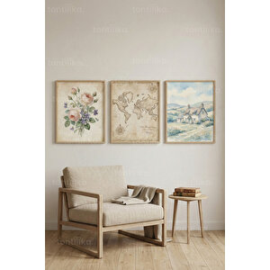 Vintage Doğa Ve Yolculuk Temalı 3’lü Ahşap Çerçeveli Tablo Seti 21x30 cm