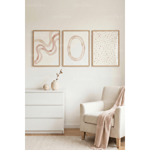 Pastel Minimal Soyut Desenler 3’lü Ahşap Çerçeveli Tablo Seti - Modern Duvar Dekoru 21x30 cm