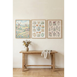 Vintage Cottage Floral 3’lü Ahşap Çerçeveli Tablo Seti 21x30 cm