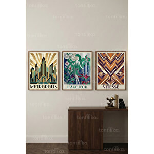 Retro Art Deco Şehir Ve Figür 3’lü Ahşap Çerçeveli Tablo Seti 50x70 cm