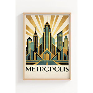 Retro Art Deco Şehir Ve Figür 3’lü Ahşap Çerçeveli Tablo Seti 50x70 cm