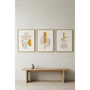 Geometrik Minimal Formlar 3’lü Ahşap Çerçeveli Tablo Seti – Modern Duvar Dekoru 21x30 cm