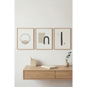 Minimal Soyut Formlar 3’lü Ahşap Çerçeveli Tablo Seti - Modern Japandi Duvar Dekoru 21x30 cm