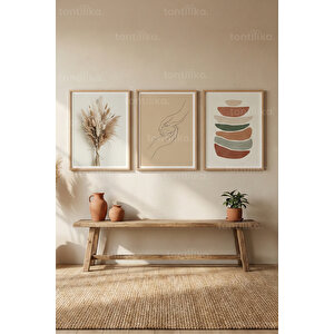 Soft Minimal Formlar 3’lü Ahşap Çerçeveli Tablo Seti – Japandi Doğal Duvar Dekoru 21x30 cm