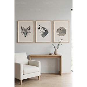 Geometrik Tilki Figürlü 3’lü Ahşap Çerçeveli Tablo Seti - Salon Duvar Dekoru 30x42 cm