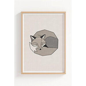 Geometrik Tilki Figürlü 3’lü Ahşap Çerçeveli Tablo Seti - Salon Duvar Dekoru