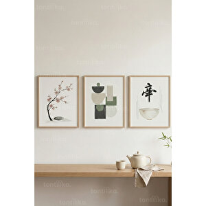 Zen Denge 3’lü Ahşap Çerçeveli Tablo Seti - Japandi Minimal Duvar Dekoru 50x70 cm