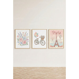 Paris Pastel Romantic 3’lü Ahşap Çerçeveli Tablo Seti 21x30 cm