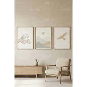 Minimal Doğa Manzarası 3’lü Ahşap Çerçeveli Tablo Seti – Japandi Duvar Dekoru 50x70 cm