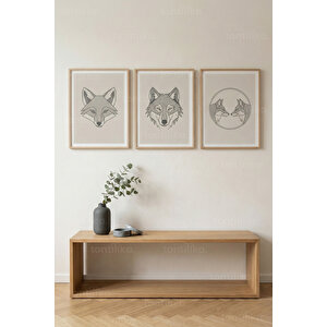 Geometrik Kurtlar 3’lü Ahşap Çerçeveli Tablo Seti - Modern Minimal Duvar Dekoru 50x70 cm