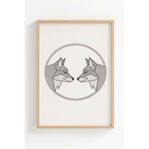Geometrik Kurtlar 3’lü Ahşap Çerçeveli Tablo Seti - Modern Minimal Duvar Dekoru
