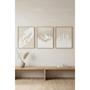 Minimal Doğa Ve Şehir Silüeti 3’lü Ahşap Çerçeveli Tablo Seti 50x70 cm