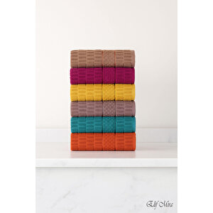 6 Lı El Yüz Renkli Havlu Seti %100 Pamuklu 50x90 Cm Velora Koleksiyon Turuncu