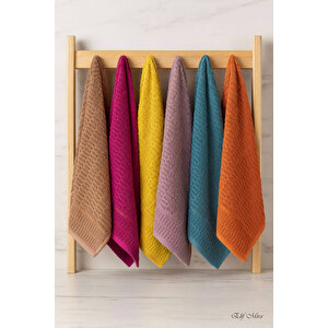 6 Lı El Yüz Renkli Havlu Seti %100 Pamuklu 50x90 Cm Velora Koleksiyon Turuncu