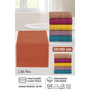 6 Lı El Yüz Renkli Havlu Seti %100 Pamuklu 50x90 Cm Velora Koleksiyon Turuncu