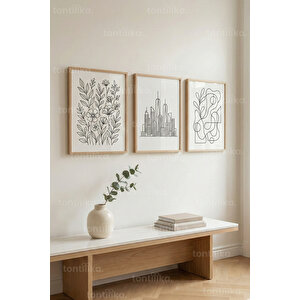 Minimal Line Art Çiçek Ve Şehir 3’lü Ahşap Çerçeveli Tablo Seti 50x70 cm