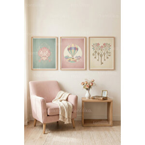 Pastel İllüstrasyon Sembolleri 3’lü Ahşap Çerçeveli Tablo Seti - Salon Duvar Dekoru 30x42 cm