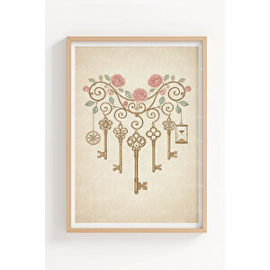 Pastel İllüstrasyon Sembolleri 3’lü Ahşap Çerçeveli Tablo Seti - Salon Duvar Dekoru