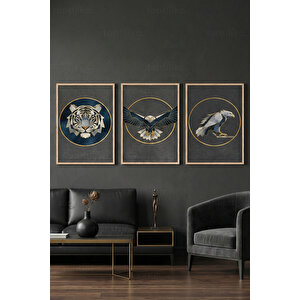 Altın Detaylı Güçlü Hayvan Figürleri 3’lü Ahşap Çerçeveli Tablo Seti - Salon Duvar Dekoru 50x70 cm