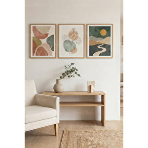 Modern Doğal Kompozisyonlar 3’lü Ahşap Çerçeveli Tablo Seti - Salon Duvar Dekoru 50x70 cm