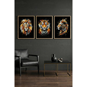 Cesur Hayvan Portreleri 3’lü Ahşap Çerçeveli Tablo Seti - Salon Duvar Dekoru 30x42 cm