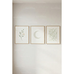 Soft Botanik & Geometrik 3’lü Ahşap Çerçeveli Tablo Seti – Minimal Modern Duvar Dekoru 21x30 cm