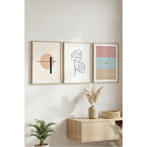 Minimal Formlar & Botanik Çizgiler 3’lü Ahşap Çerçeveli Tablo Seti - Modern Duvar Dekoru 50x70 cm