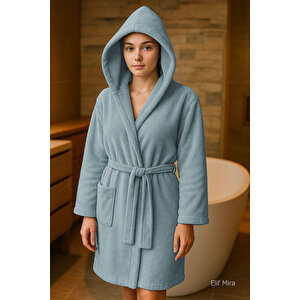Genç Kız / Erkek Çocuk Kapşonlu Garson Boy Kadife Bornoz %100 Pamuklu Gri-13-14 Yaş Gri