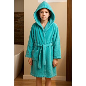 Genç Kız / Erkek Çocuk Kapşonlu Garson Boy Kadife Bornoz %100 Pamuklu Turkuaz-11-12 Yaş Turkuaz