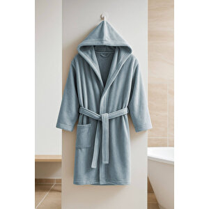 Genç Kız / Erkek Çocuk Kapşonlu Garson Boy Kadife Bornoz %100 Pamuklu Gri-11-12 Yaş Gri