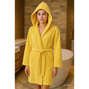 Genç Kız / Erkek Çocuk Kapşonlu Garson Boy Kadife Bornoz %100 Pamuklu Sarı-11-12 Yaş Sarı