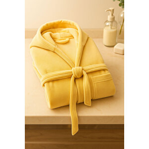 Genç Kız / Erkek Çocuk Kapşonlu Garson Boy Kadife Bornoz %100 Pamuklu Sarı-11-12 Yaş