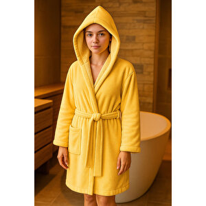 Genç Kız / Erkek Çocuk Kapşonlu Garson Boy Kadife Bornoz %100 Pamuklu Sarı-13-14 Yaş 13-14 Yaş