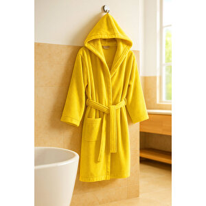 Genç Kız / Erkek Çocuk Kapşonlu Garson Boy Kadife Bornoz %100 Pamuklu Sarı-13-14 Yaş
