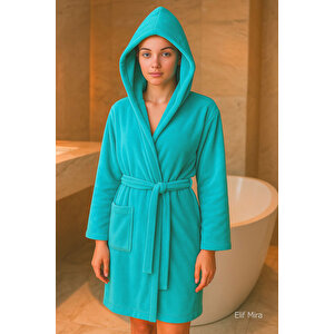 Genç Kız / Erkek Çocuk Kapşonlu Garson Boy Kadife Bornoz %100 Pamuklu Turkuaz-15-16 Yaş Turkuaz