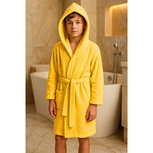 Genç Kız / Erkek Çocuk Kapşonlu Garson Boy Kadife Bornoz %100 Pamuklu Sarı-15-16 Yaş Sarı