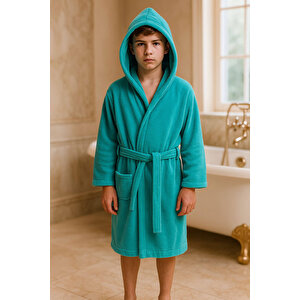 Genç Kız / Erkek Çocuk Kapşonlu Garson Boy Kadife Bornoz %100 Pamuklu Turkuaz-13-14 Yaş 13-14 Yaş